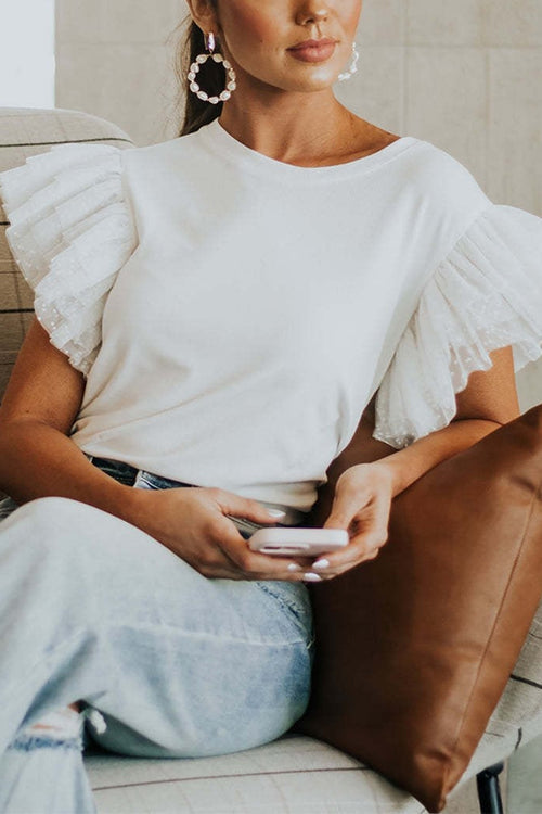 Karleedress Round Neck Polka Dot Ruffle Short Sleeves Top