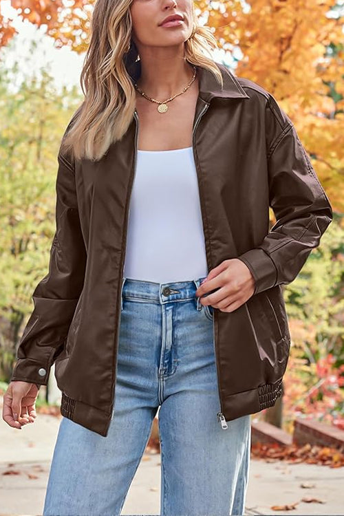 Karleedress Lapel Zip Up Faux Leather Pocketed Jacket