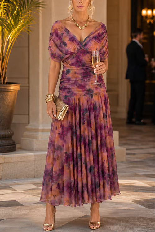Karleedress V Neck Short Sleeves Floral Print Maxi Dress