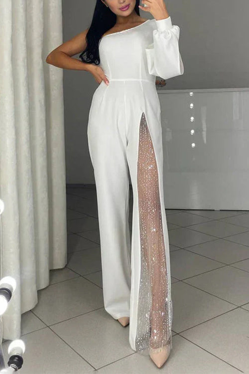 Karleedress One Shoulder Long Sleeve Patchwork Wide Leg Jumpsuit