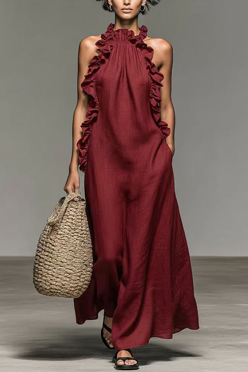 Karleedress Sleeveless Linen Blend Ruffle Pocketed Maxi Dress