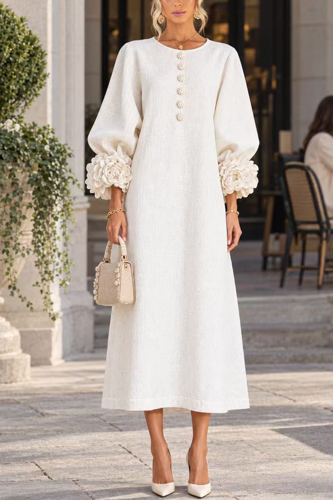 Karleedress Floral Applique Puff Sleeve A-Line Midi Dress
