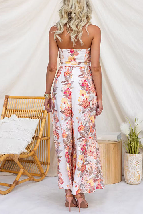 Strapless Bow Waist Floral Print Slit Wide Leg Jumpsuit