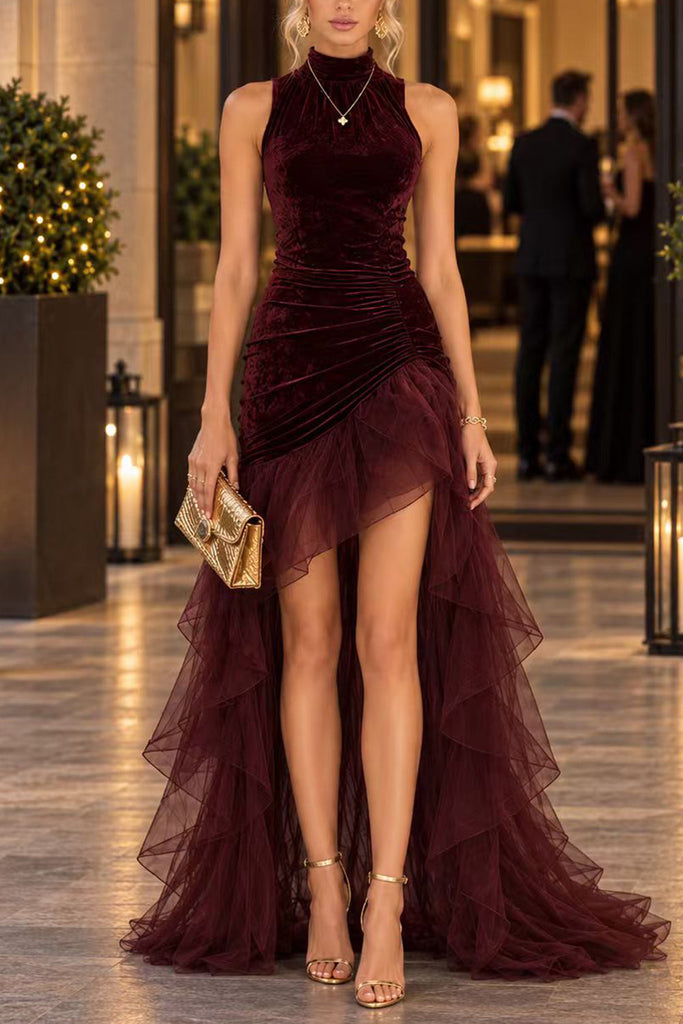 Karleedress Mock Neck Ruched Velvet & Tulle High-Low Maxi Dress