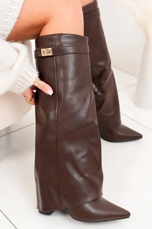 Karleedress Zipper Pointed Toe Fold Over Leather High Boots