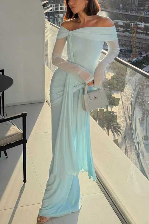 Karleedress Off Shoulder Long Sleeves Knot Waist Draped Maxi Dress