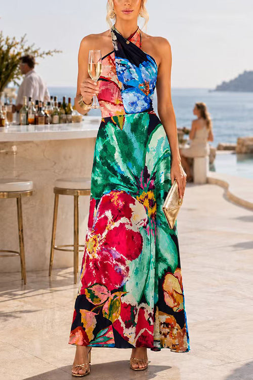 Halter Neck Abstract Floral Print Maxi Dress