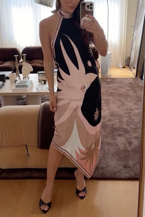 Karleedress Halter Neck Open Back Asymmetric Hem Printed Satin Midi Dress