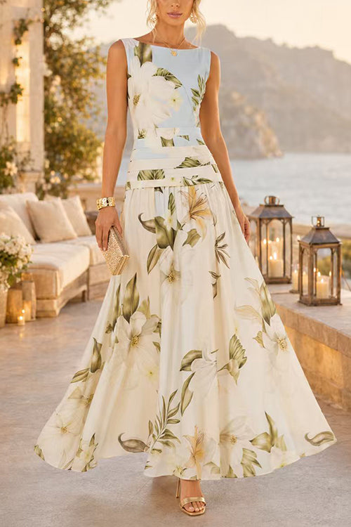 Karleedress Boat Neck Sleeveless Floral Print A-line Maxi Dress