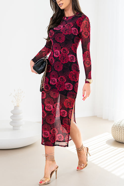 Long Sleeves Roses Print Side Slit Midi Dress