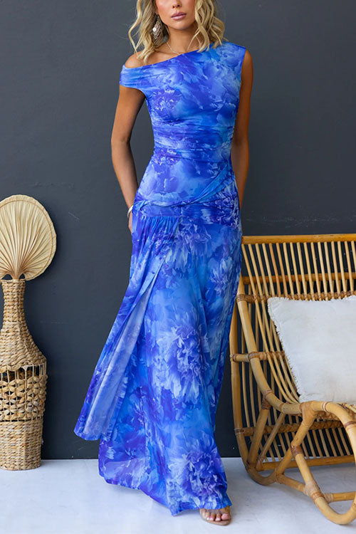 Asymmetric Shoulder Ruched Waist Floral Print Maxi Dress