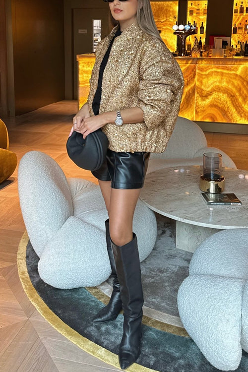 Karleedress Stand Collar Zip Up Pocketed Sequin Jacket