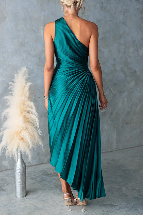 Karleedress One Shoulder Cut Out Waist Pleated Satin Maxi Dress