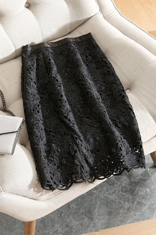 Karleedress High Rise Lace Hollow Out Midi Skirt
