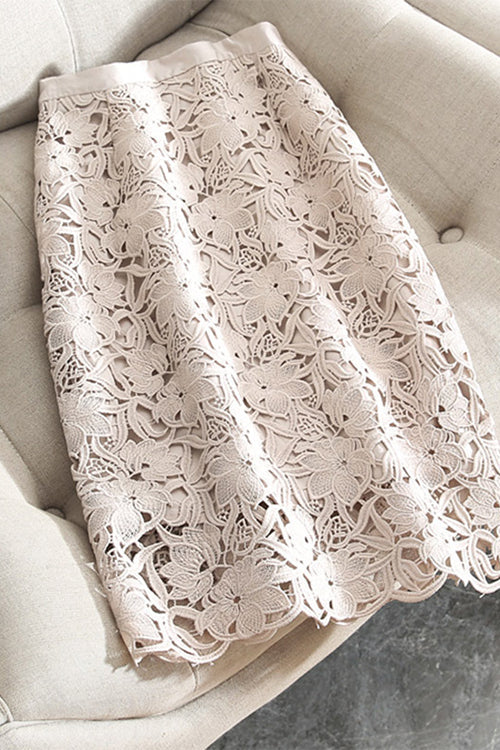 Karleedress High Rise Lace Hollow Out Midi Skirt