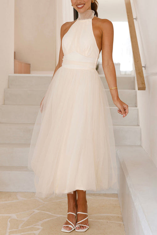 Karleedress Halter Open Back Waisted Tulle Midi Dress