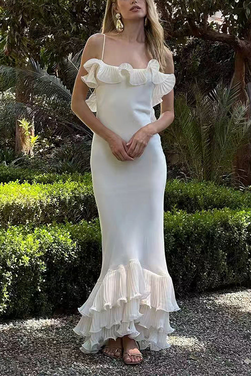 Karleedress Spaghetti Strap Open Back Ruffle Trim Maxi Dress
