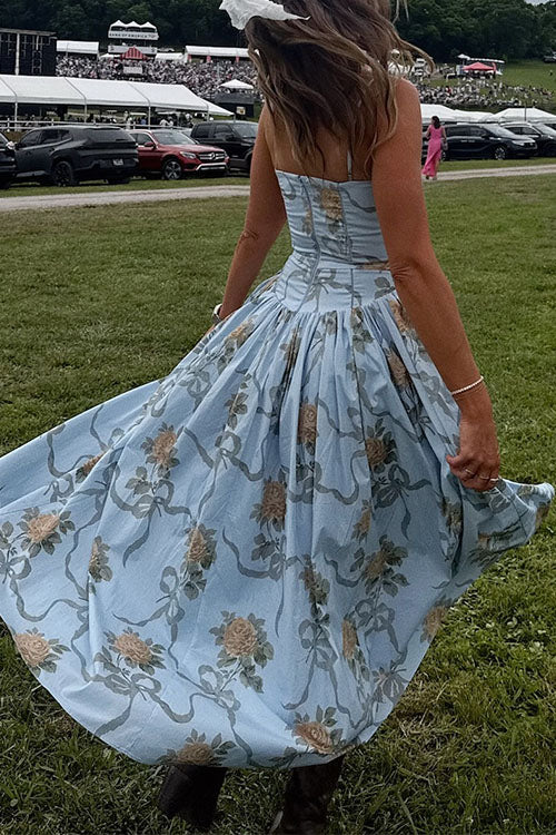 Karleedress Spaghetti Strap Waisted Floral Print A-line Maxi Dress