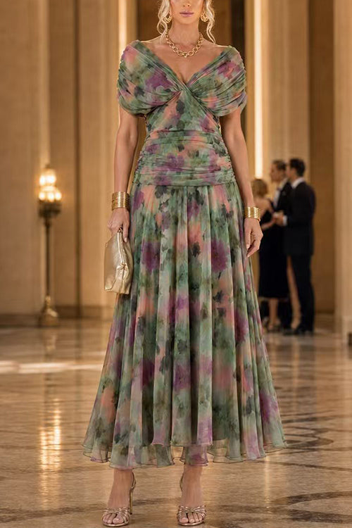 Karleedress V Neck Short Sleeves Floral Print Maxi Dress