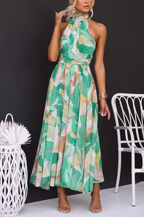 Halter Neck Open Back Waisted Printed Maxi Dress