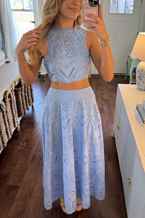 Karleedress Lace Hollow Out Sleeveless Crop Top High Waist Maxi Skirt Set
