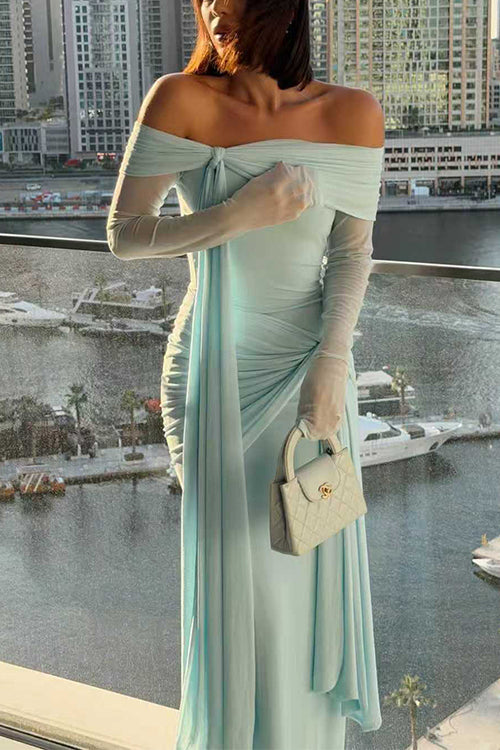 Karleedress Off Shoulder Long Sleeves Knot Waist Draped Maxi Dress