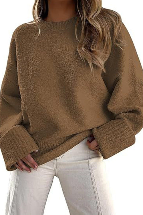 Karleedress Crewneck Drop Shoulder Solid Knitted Pullover Sweater