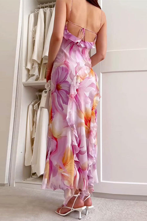 Karleedress V Neck Backless Ruffle Trim Slit Floral Print Maxi Cami Dress