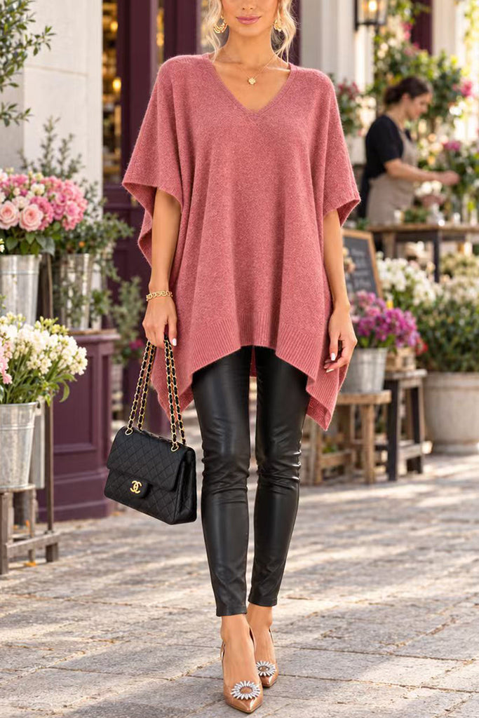 V Neck Loose Fit Solid Poncho Sweater (A)