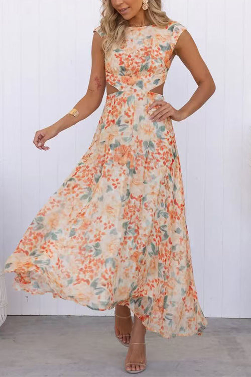Crewneck Cut Out Waist Floral Print Maxi Dress