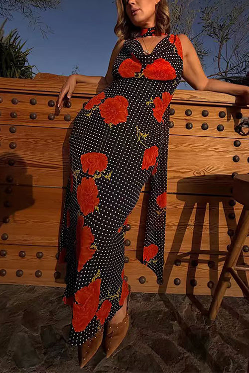 Karleedress Cowl Neck Backless Floral Print Maxi Dress with Scarf