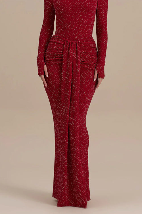 Back Slit Draped Rhinestone Sparkle Bodycon Maxi Skirt