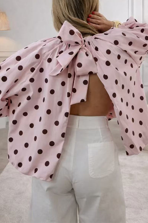 Lantern Long Sleeves Bow Back Slit Polka Dot Top