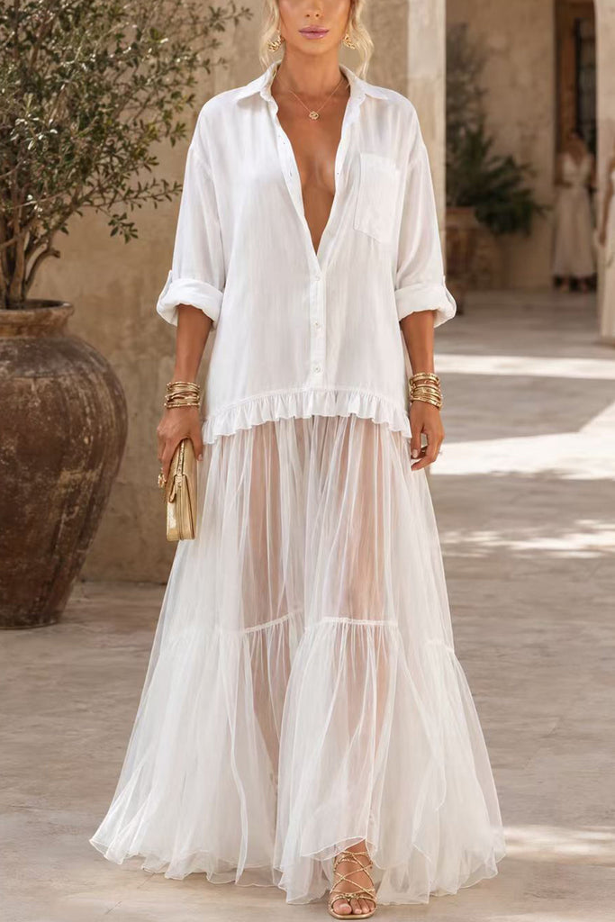 Karleedress Lapel Long Sleeves Organza Splice Ruffle Denim Maxi Dress