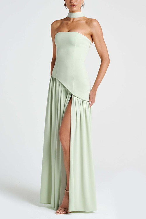 Karleedress Strapless Back Lace-up High Slit Splice Maxi Dress