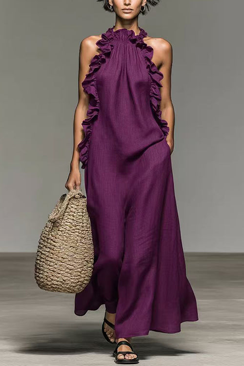Karleedress Sleeveless Linen Blend Ruffle Pocketed Maxi Dress