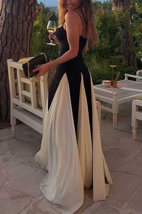 Karleedress Spaghetti Strap Low Cut Color Block Swing Maxi Dress