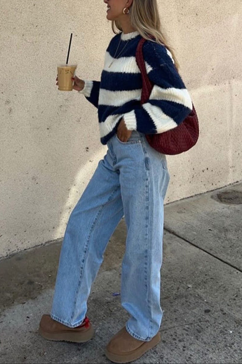 Karleedress Drop Shoulder Striped Casual Pullover Sweater