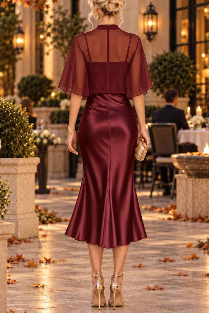 Karleedress Mock Neck Chiffon Cape Overlay Satin Midi Dress Set (B)