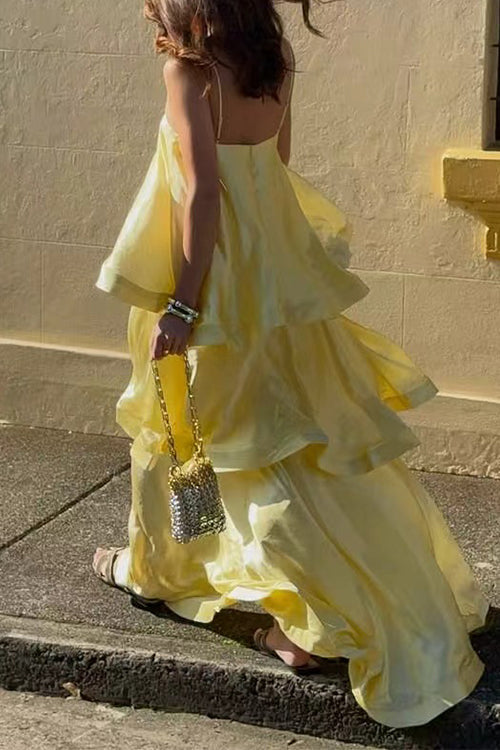 Karleedress Spaghetti Strap Ruffle Layered Satin Maxi Dress