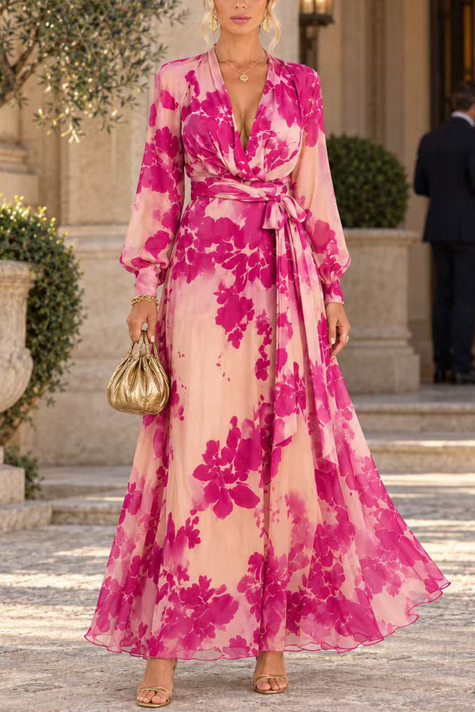 Karleedress V-Neck Long Sleeve Floral Print Maxi Dress