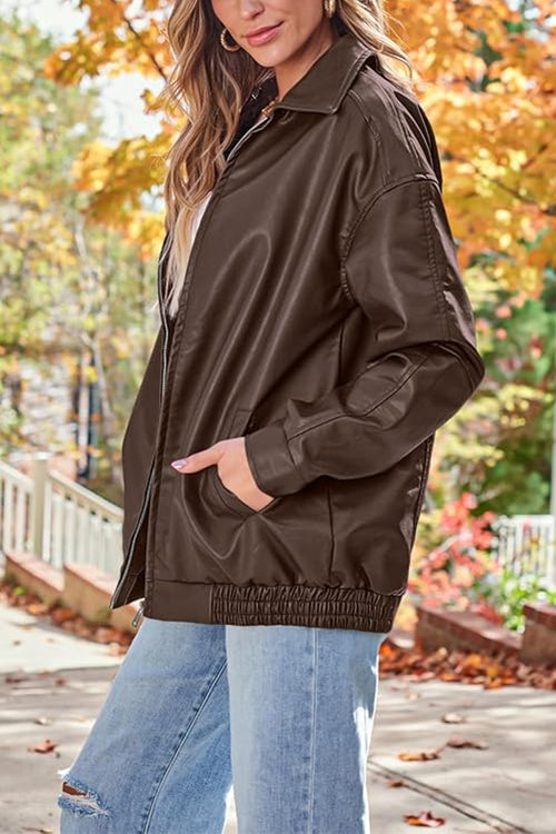 Karleedress Lapel Zip Up Faux Leather Pocketed Jacket