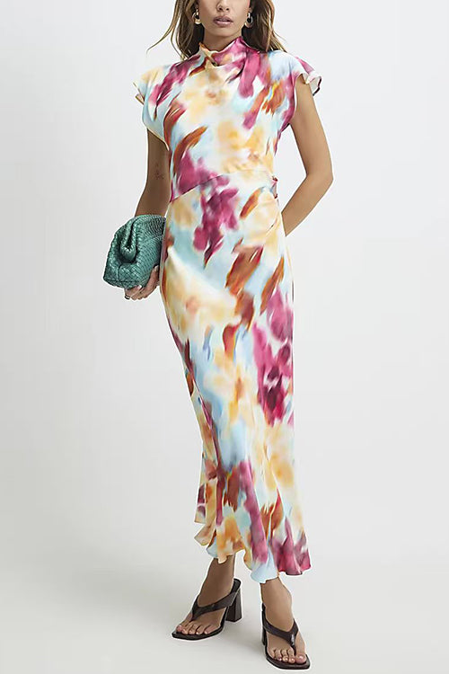 Cowl Neck Short Sleeves Tie Dye Maxi Dress