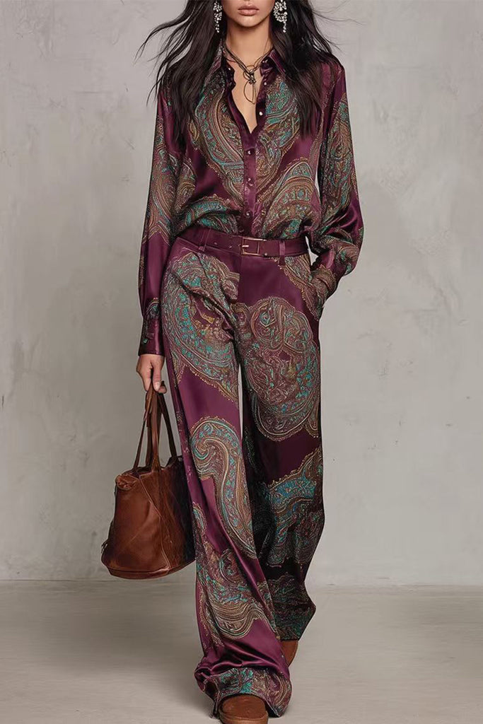 Karleedress Lapel Long Sleeves Shirt High Rise Pocketed Straight Leg Pants Paisley Print Set (A)
