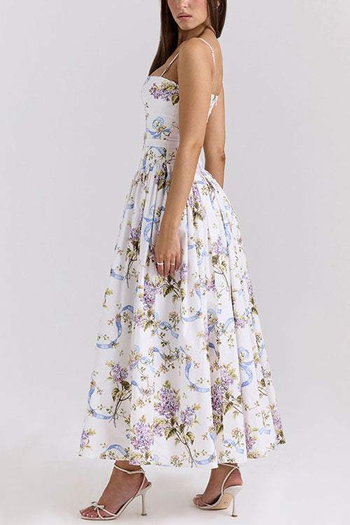 Karleedress Spaghetti Strap Floral Print Bustier A-line Maxi Dress