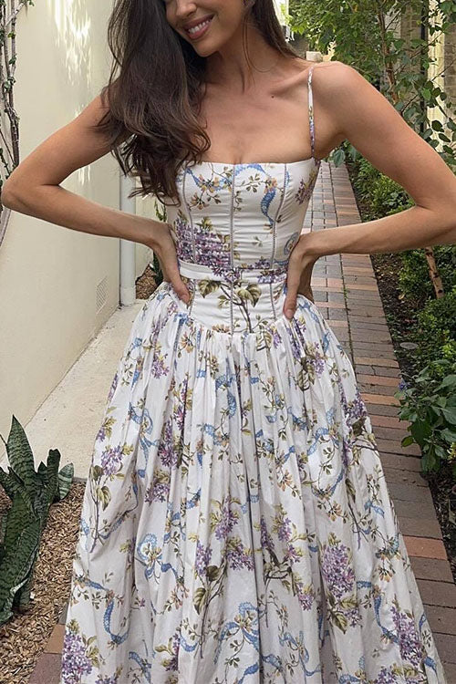 Karleedress Spaghetti Strap Floral Print Bustier A-line Maxi Dress