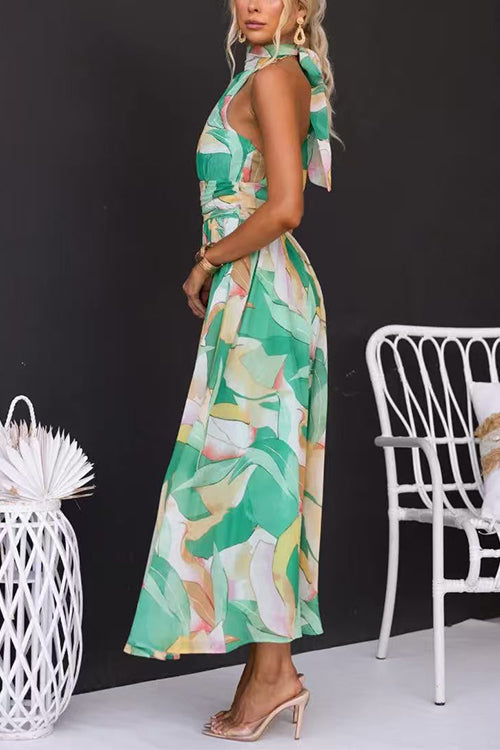 Halter Neck Open Back Waisted Printed Maxi Dress