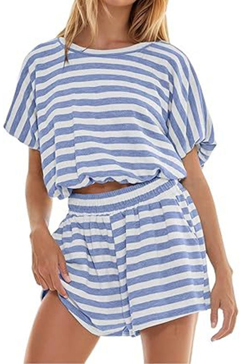 Karleedress Striped Short Sleeves Crop Top and Elastic Waist Pocketed Shorts Set
