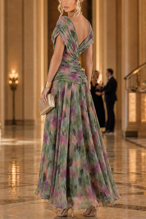 Karleedress V Neck Short Sleeves Floral Print Maxi Dress