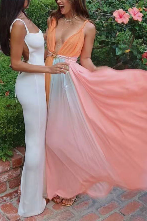 Deep V Neck Sleeveless Rainbow Maxi Dress
